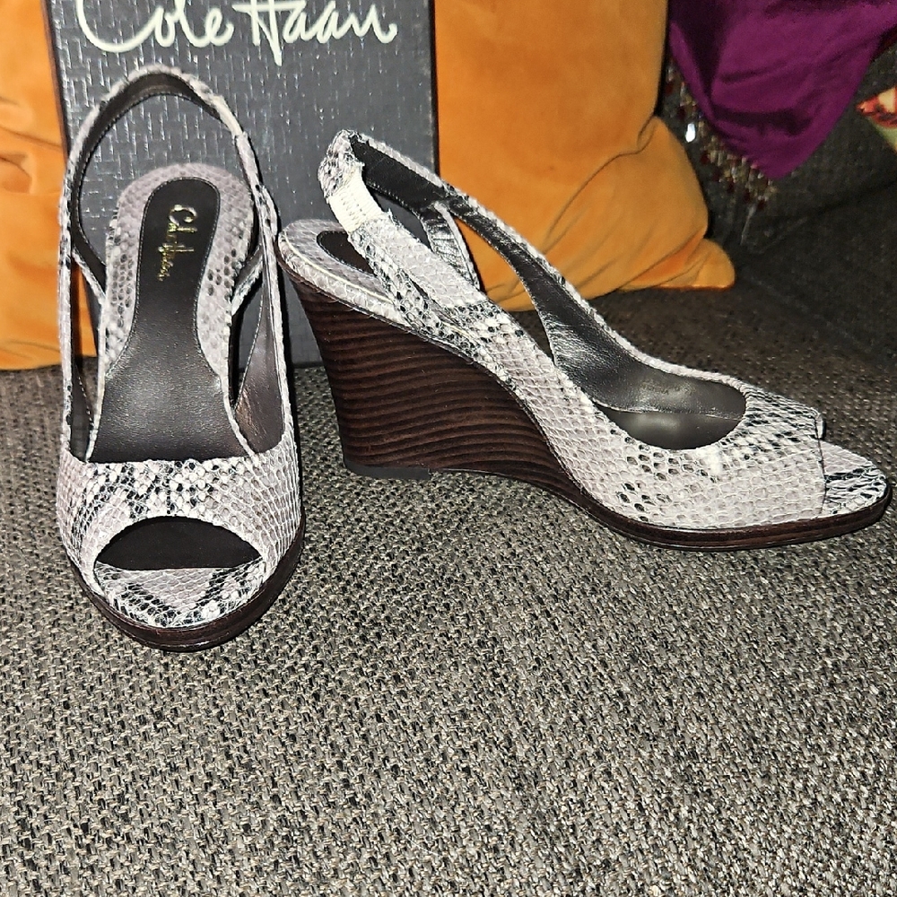 Cole Haan Women's Black and White Snakeskin Wedges